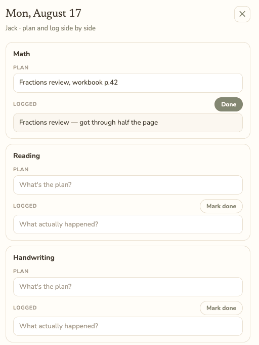 Logging a subject against its plan for the day