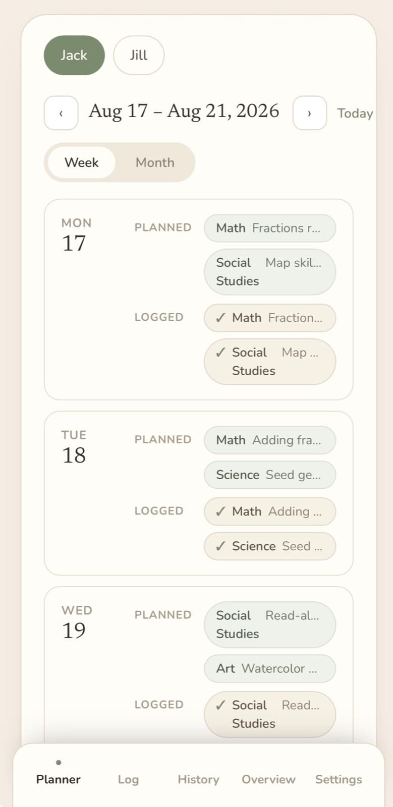 Homeroom weekly planner on a phone